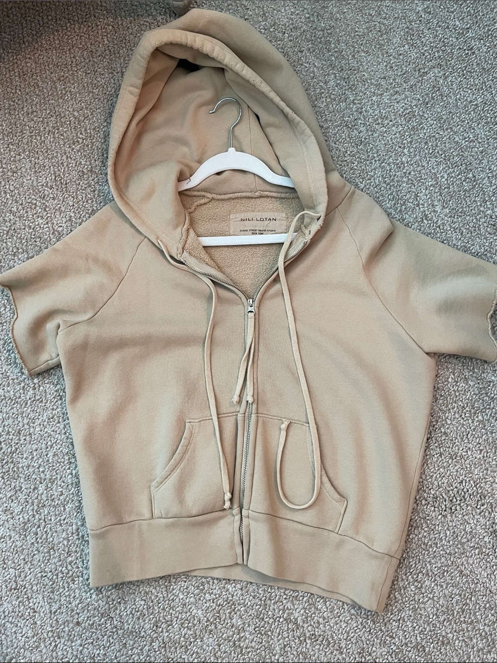 Nili Lotan Beige Zip-Up Short Sleeve Hoodie. One of a kind! RARE!